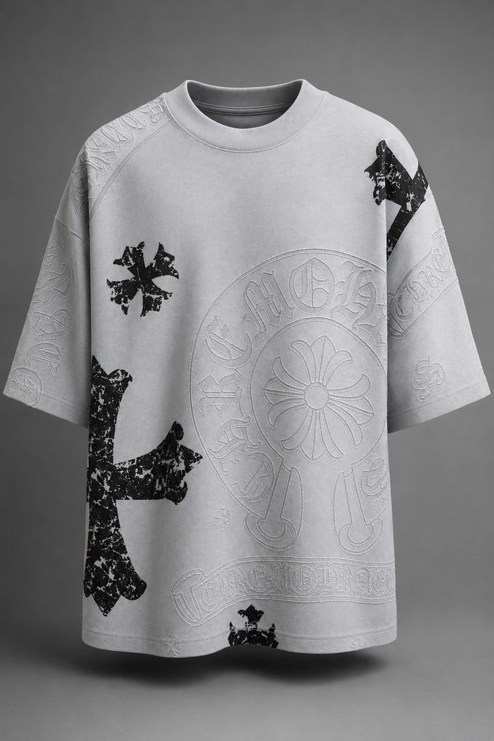Distressed Cross Mixed-Media Oversized Tee